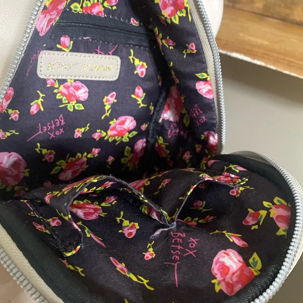 Betsey Johnson Taupe Heart stitched Pattern Mini Backpack with Floral Interior